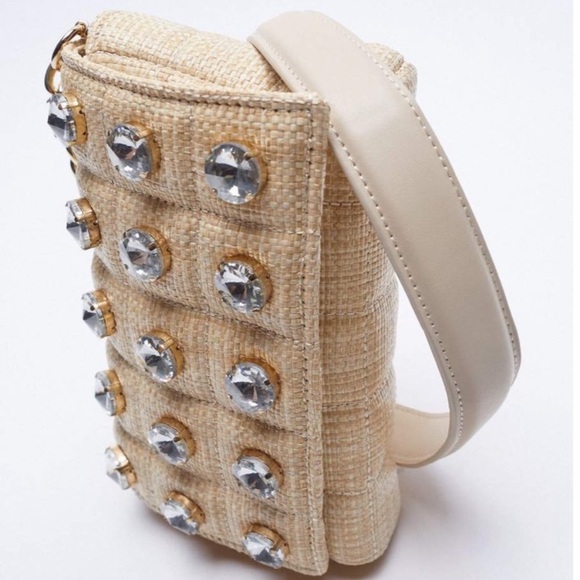 Zara cream wicker jewel embellished quilted crossbody bag - Picture 2 of 11